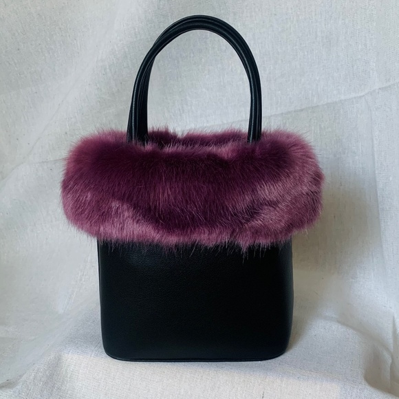 Vegan Leather Faux Fur Top Handle Handbag - Black Purple - Picture 5 of 7